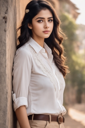 欧美清纯白色衬衫卷发美女写真图片